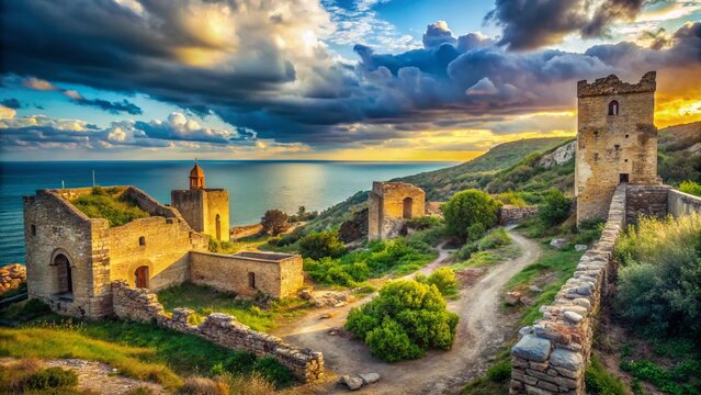Crimea Feodosia Genoese Fortress Kafa:  Ancient Walls & Coastal Views - Urban Exploration Stock Photo