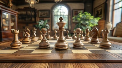 A chessboard set up with pieces in mid-game on a wooden table