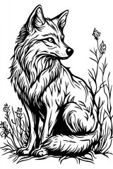 A skilled illustration depicts a graceful fox among delicate wildflowers, highlighting its fur texture and attentive gaze in a serene outdoor setting