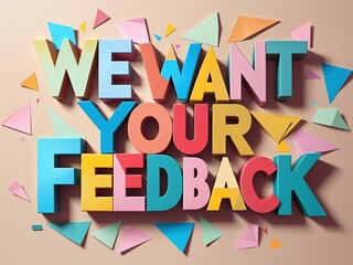 Playful and colorful cut-out letters "WE WANT YOUR FEEDBACK" on a beige background with scattered geometric paper shapes, creating a dynamic and engaging feedback request with a handcrafted look.