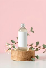 Minimalist product photography, glass dropper bottle, wood pedestal, eucalyptus leaves, soft pink background, natural skincare, organic beauty product