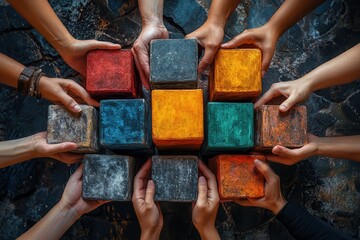 Collaborative art creation with colorful blocks in a communal setting during daylight hours