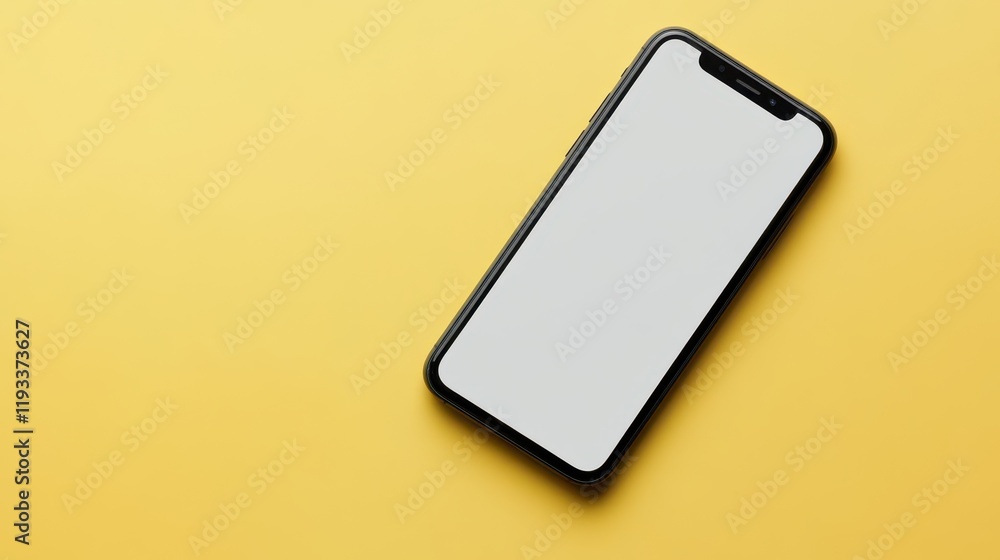 Poster a close-up view of a sleek cell phone resting on a vibrant yellow surface, showcasing its design and