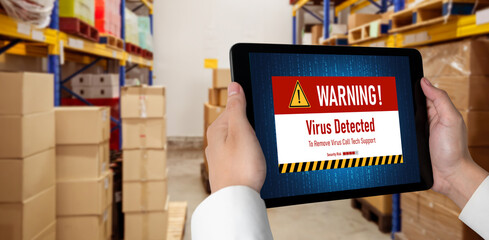 Virus warning alert on computer screen detected modish cyber threat , hacker, computer virus and...