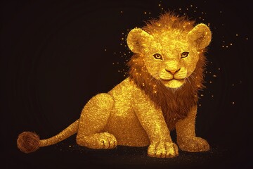 A chubby cartoon-style lion cub with a sparkling golden mane