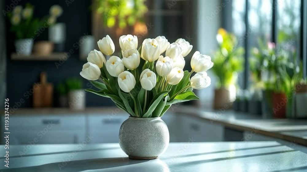 Poster a bouquet of white tulips sits in a vase on the kitchen counter. sunlight streams in through large w