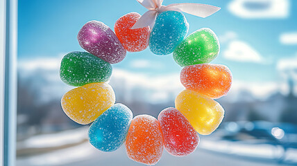 A creative gumdrop wreath made from colorful candies hung on a top with a ribbon, a festive and cheerful aesthetic for the Happy National Gumdrop Day concept
