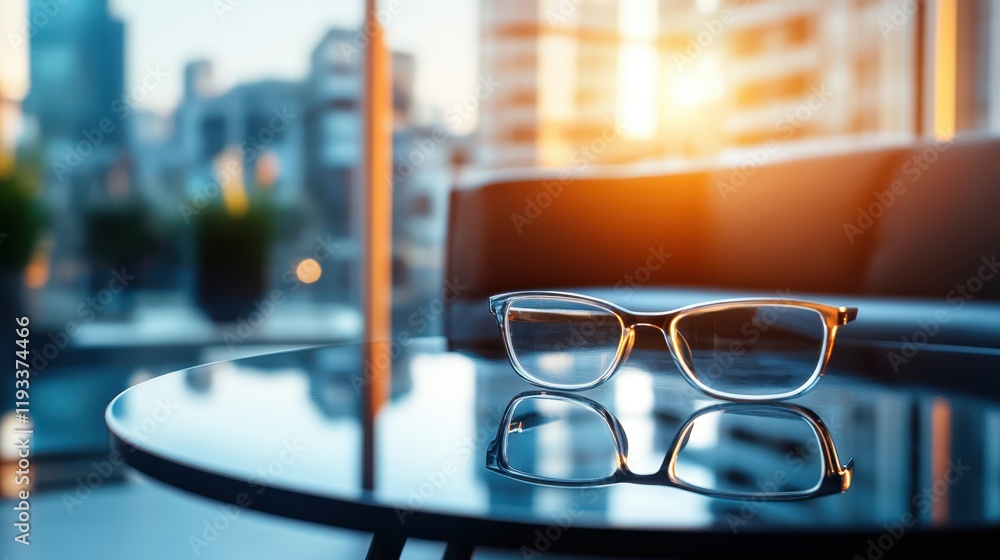 Aufkleber a pair of glasses rests on a table, illuminated by natural light streaming through the window, creat