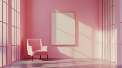 a pink room with a chair and a picture frame