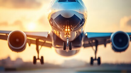 Fototapeta premium A sleek airplane descends towards an airport runway, illuminated by the warm glow of a sunset in the background, creating a picturesque scene.