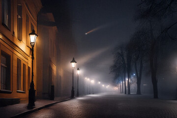 Generated Image. Night, quiet city lit by lanterns and covered in light fog, macro.