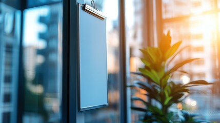 A sign is displayed on a glass door, indicating important information about the building's access or services.