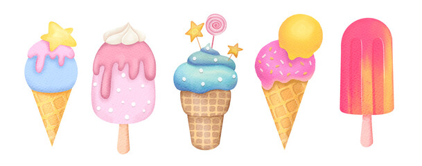 Watercolor ice cream isolated illustrations set. hand drawn summer sweet food collection on transparent background, cute clip art and cut out element design