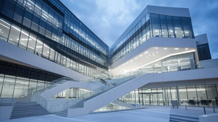 Fototapeta premium Aerial view of a modern building showcasing a prominent staircase and a sleek glass wall, highlighting contemporary architectural design.