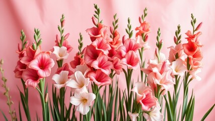 Lovely pink and white gladiolus flowers blooming together in a lush bouquet against a soft pink background