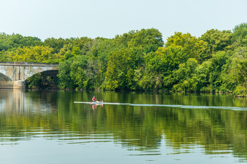 A man and a woman are rowing a boat on a lake