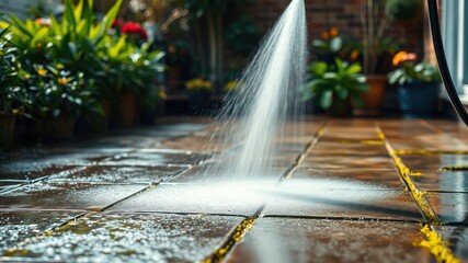 Power washing patio stones a close-up view of water pressure cleaning outdoor tiles