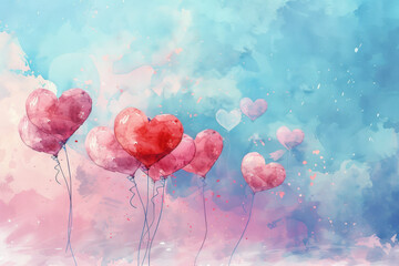 Delicate heart-shaped balloons gently float in a soft, dreamlike sky painted with shades of blue and pink. The whimsical design evokes feelings of love and joy, perfect for celebratory occasions.
