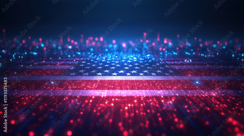 Poster digital abstract background featuring the american flag with sparkling lights and colorful particle 