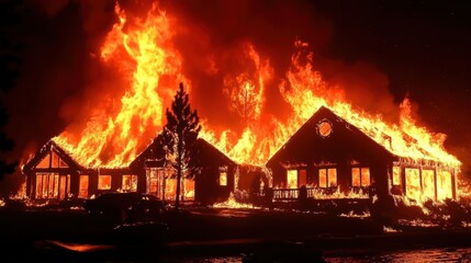 Fiery inferno engulfs houses at night, intense flames and smoke billowing during wildfire disaster