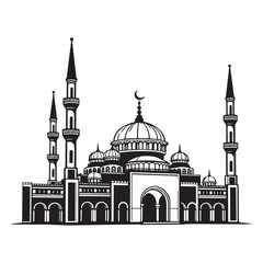 Fototapeta premium Muslim mosque icon or silhouette isolated on white background. Islamic and Arabic architecture template. Design element for Ramadan greeting card. Vector illustration, architecture, hindu temple. 