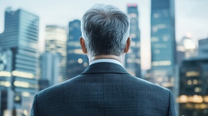 A man in a suit gazes thoughtfully at a sprawling cityscape, reflecting on urban life and professional aspirations amidst towering buildings.