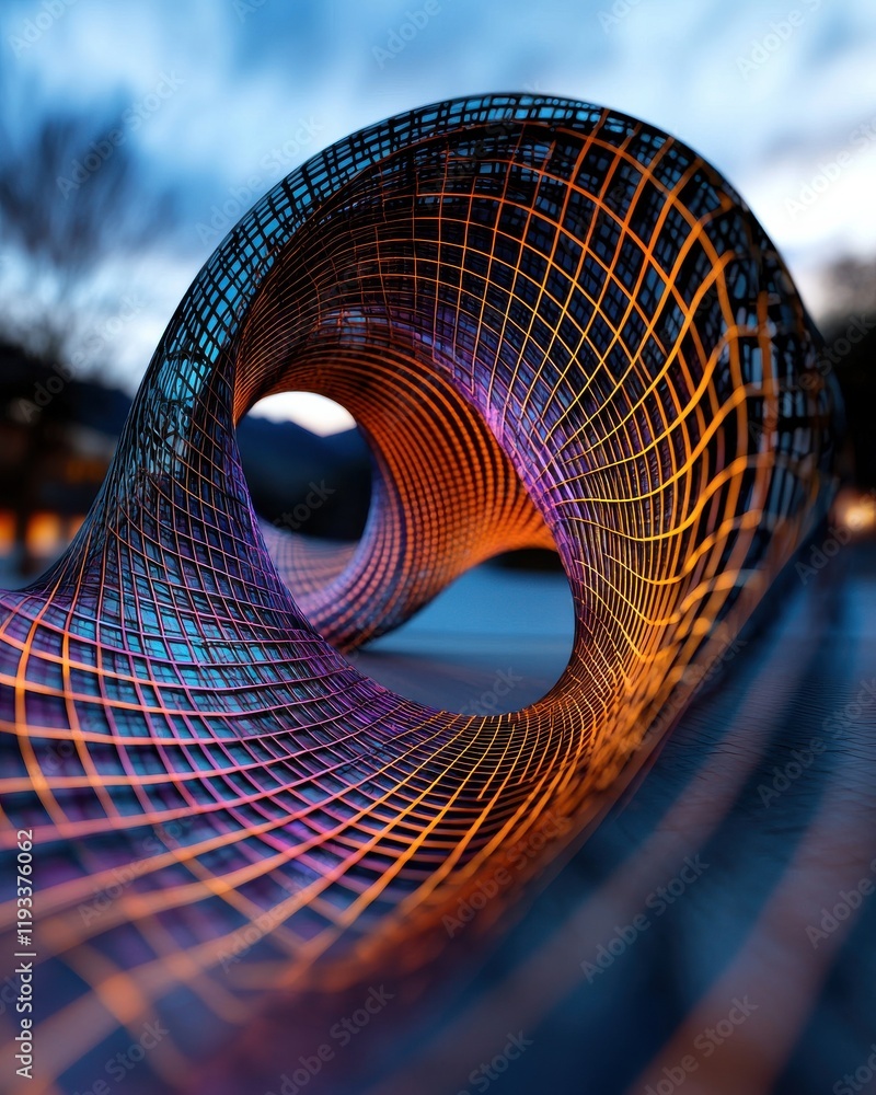 Poster dynamic geometric sculpture urban setting digital art evening abstract design with pulsing colors