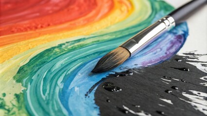 Obraz premium A vibrant brush stroke of liquid black paint blends with the swirling colors of a watercolor painting, fluid, artistic