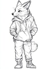 Fototapeta premium Character features a fox with detailed fur and expressive eyes, dressed in a hoodie and sneakers, embodying a chill vibe and modern street fashion