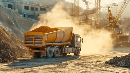 a truck filled with yellow cement, driving through a dusty construction site