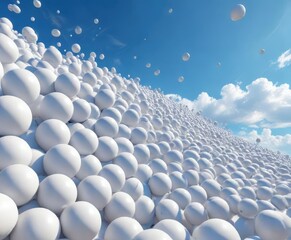 Obraz premium A vast array of white spheres suspended in a brilliant blue sky, creating an illusion of depth and dimensionality, hazy, floating