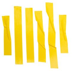Top view set of wrinkled or crumpled yellow adhesive vinyl tape or cloth tape in stripes shape in...