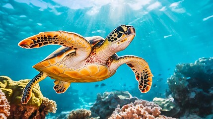 Obraz premium A vibrant sea turtle gracefully swimming through a colorful coral reef under sunlight