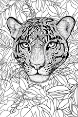 Fototapeta premium An intricate illustration presents the face of a tiger, featuring elaborate patterns, set against a backdrop of dense, leafy vegetation in black and white