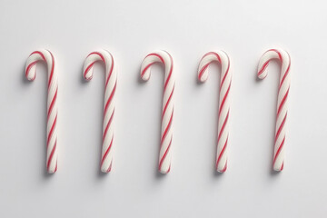 Five candy canes in a row, red and white stripes, on white background.