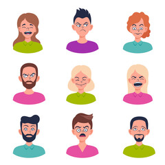 Set of portraits and avatars of man and woman.Facial expression.