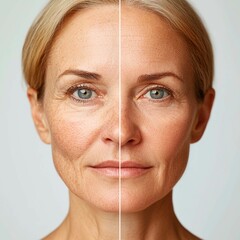 Middle aged woman's face, left side with visible wrinkles and blemishes, right side smooth skin without signs of aging, before and after portrait photography style, white background