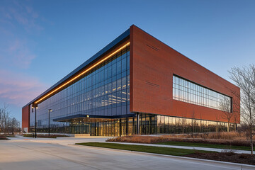 Modern brick and glass building at dusk.