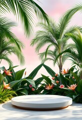 Fototapeta premium Minimalist product display, wooden circular podium, potted green plants, warm beige background, soft shadows, natural lighting, indoor botanical scene, zen aesthetics