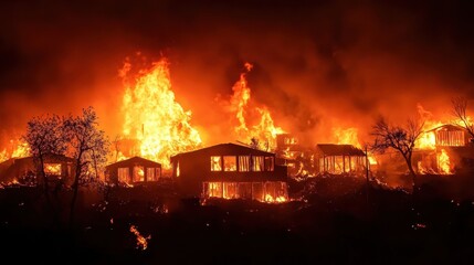 Fiery inferno engulfs residential homes at night, showcasing devastating wildfire destruction