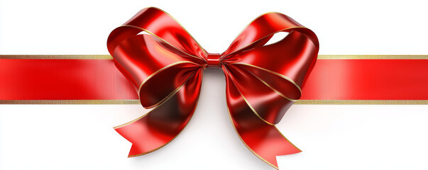 Red ribbon bow with gold trim, elegant gift decoration.