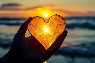 Fototapeta premium Sunset heart held in hand, glowing warmly against ocean backdrop.
