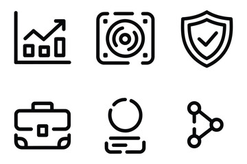 Minimalist Black Line Icon Set for Analytics, Audio, Security, and Business