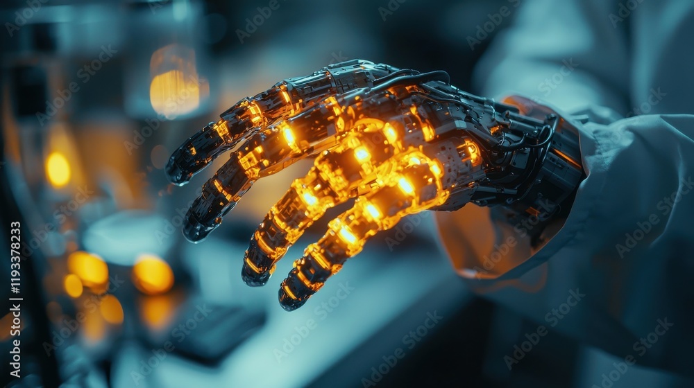 Poster innovative robotic limb development cutting-edge bionics lab technology showcase high-tech environme