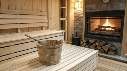 A traditional Finnish-style wooden sauna with a bucket on the wooden bench in front of a fireplace, wooden furniture, natural elements, wooden bucket, woodsy atmosphere, traditional finnish design