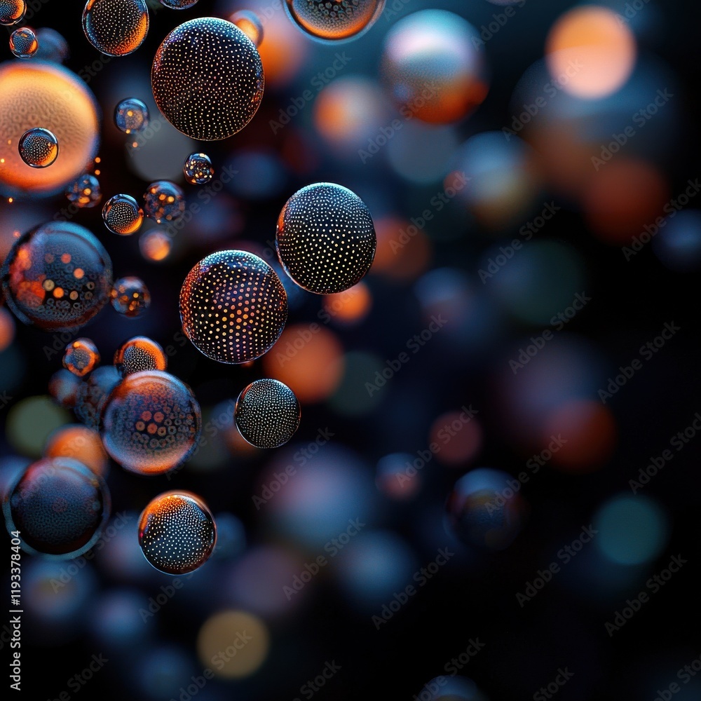 Poster floating abstract glowing bubbles digital art display futuristic environment close-up view illuminat