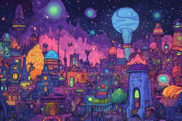 Obraz premium A vibrant alien cityscape under a starry night sky