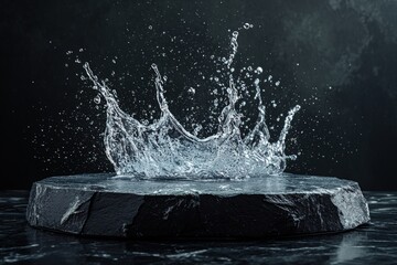 A black stone podium with a dynamic water splash, creating a dramatic scene for product or cosmetic presentations on a dark backdrop.