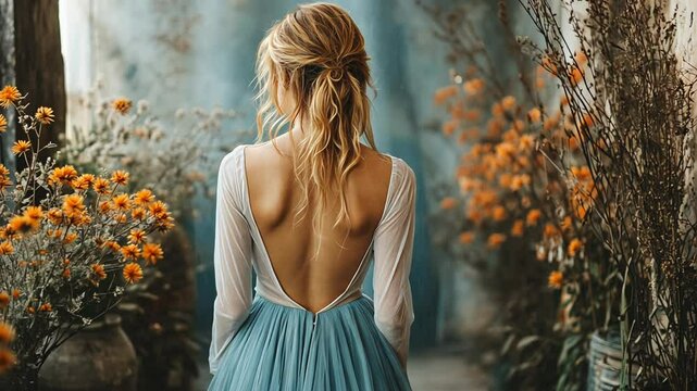 A woman in a beautiful dress stands amidst flowers.