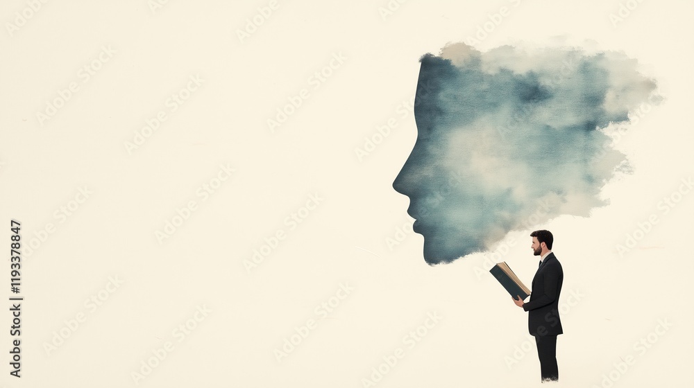 Poster man in suit reading large book with abstract face silhouette artistic collage on minimalist backgrou
